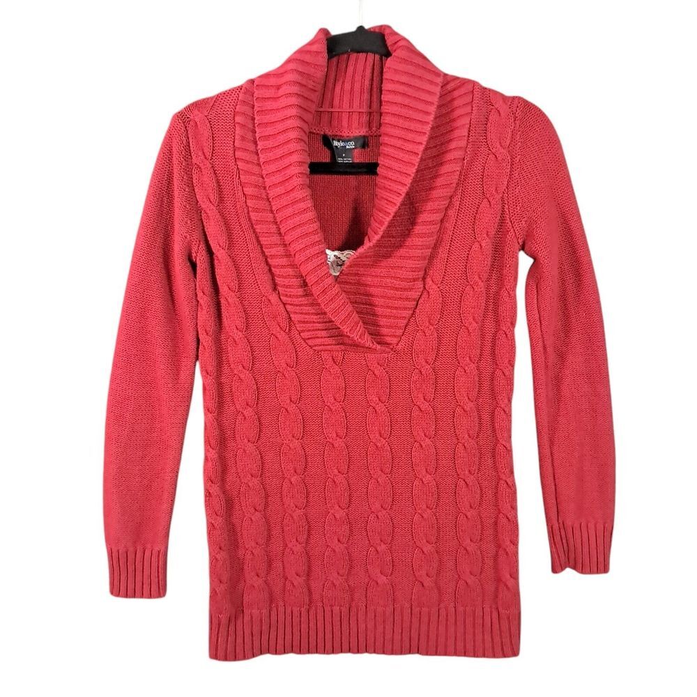 Vintage Style & Co Cable‎ Knit Red Sweater Cowl Neck Pullover Small Petite Y2K